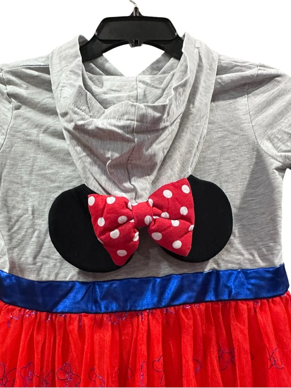 Disney Minnie Mouse Hooded Tulle Dress Girls XL 14 Red Gray Glitter Bow Cute